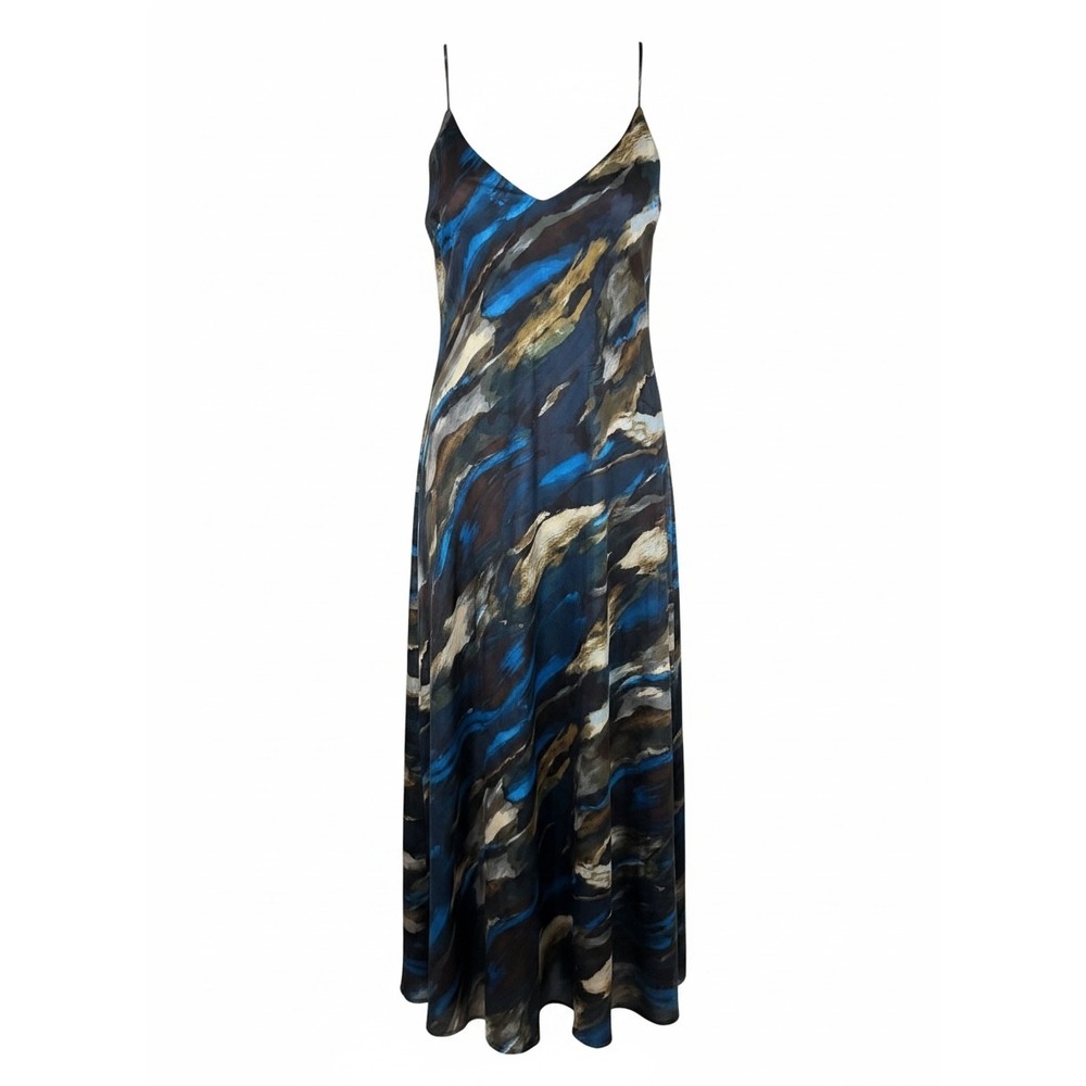 Chetta B Blue Abstract Brushstroke V-Neck Maxi Slip Dress Large